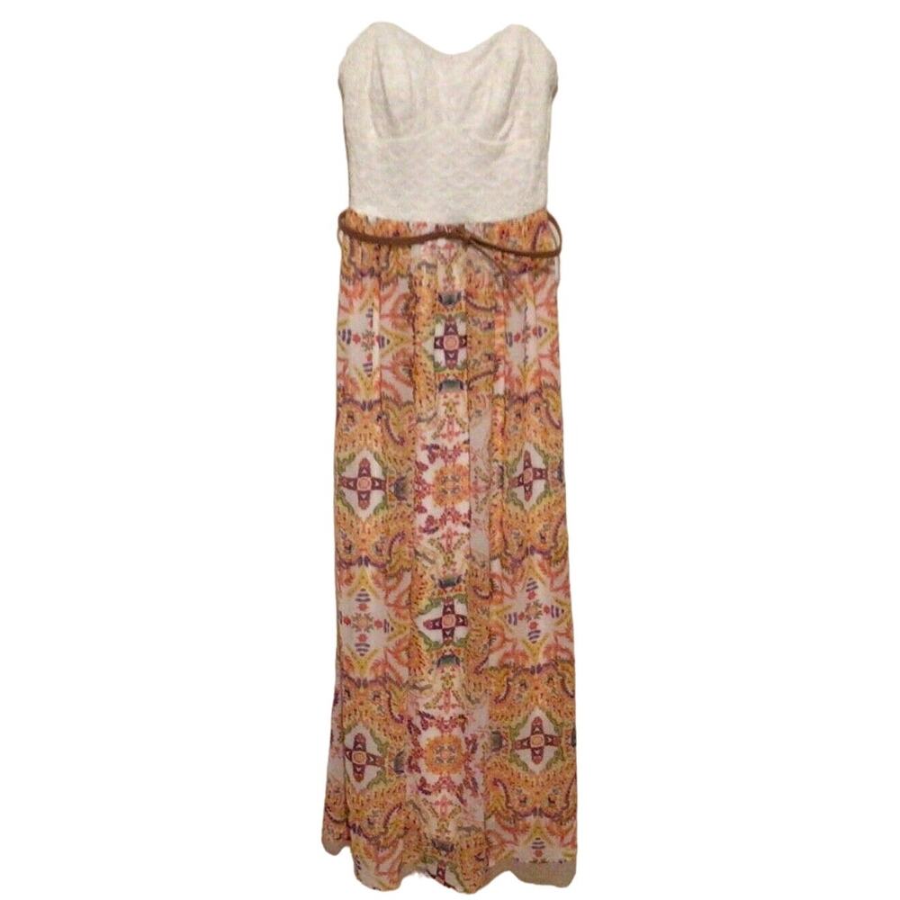 Lily Rose Peach Paisley Embroidered Bustier Maxi Dress Belted Size Small